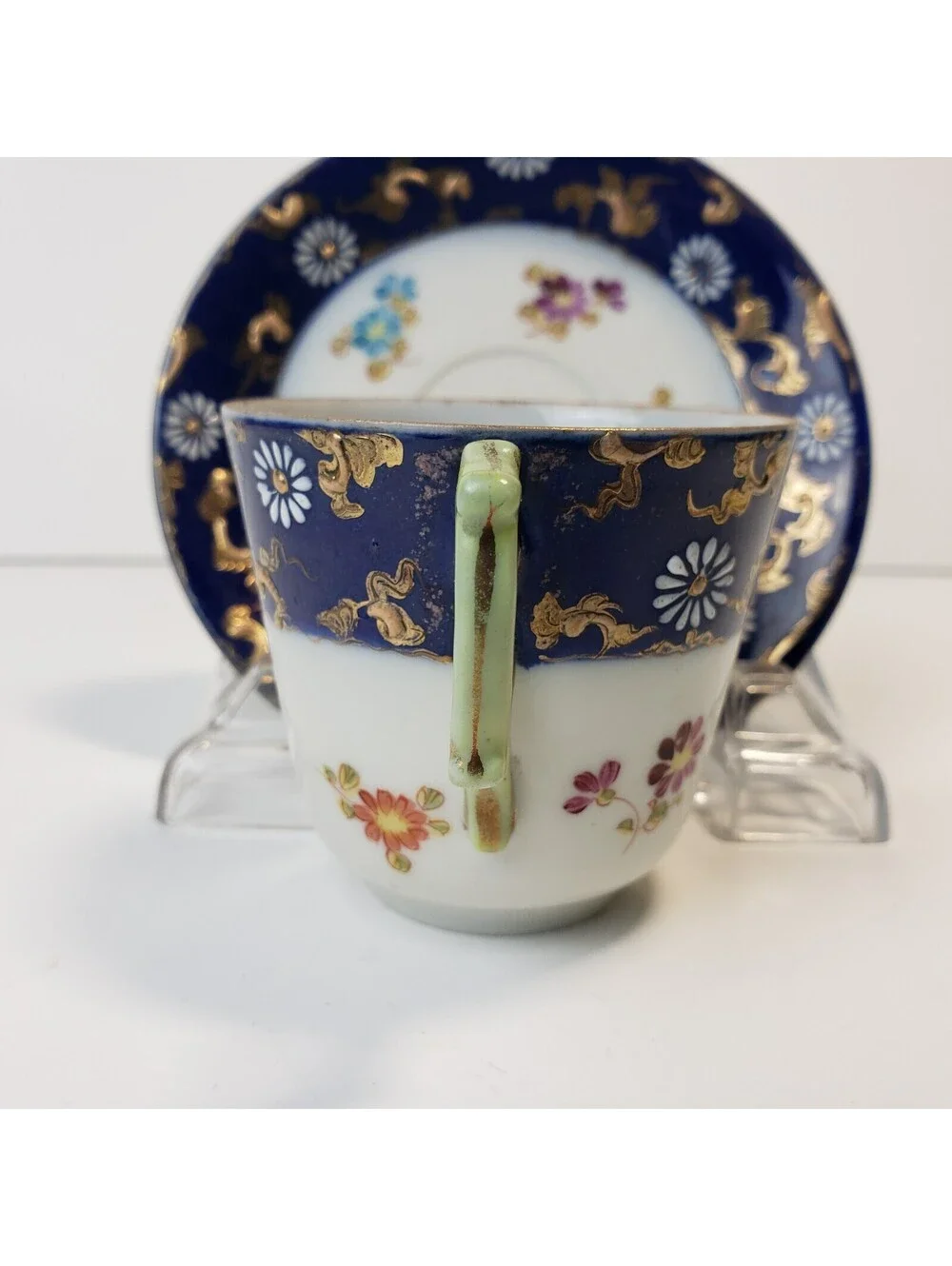 Vintage Porcelain Demitasse Teacup & Saucer  Moriage Cobalt Blue HP Floral Japan
